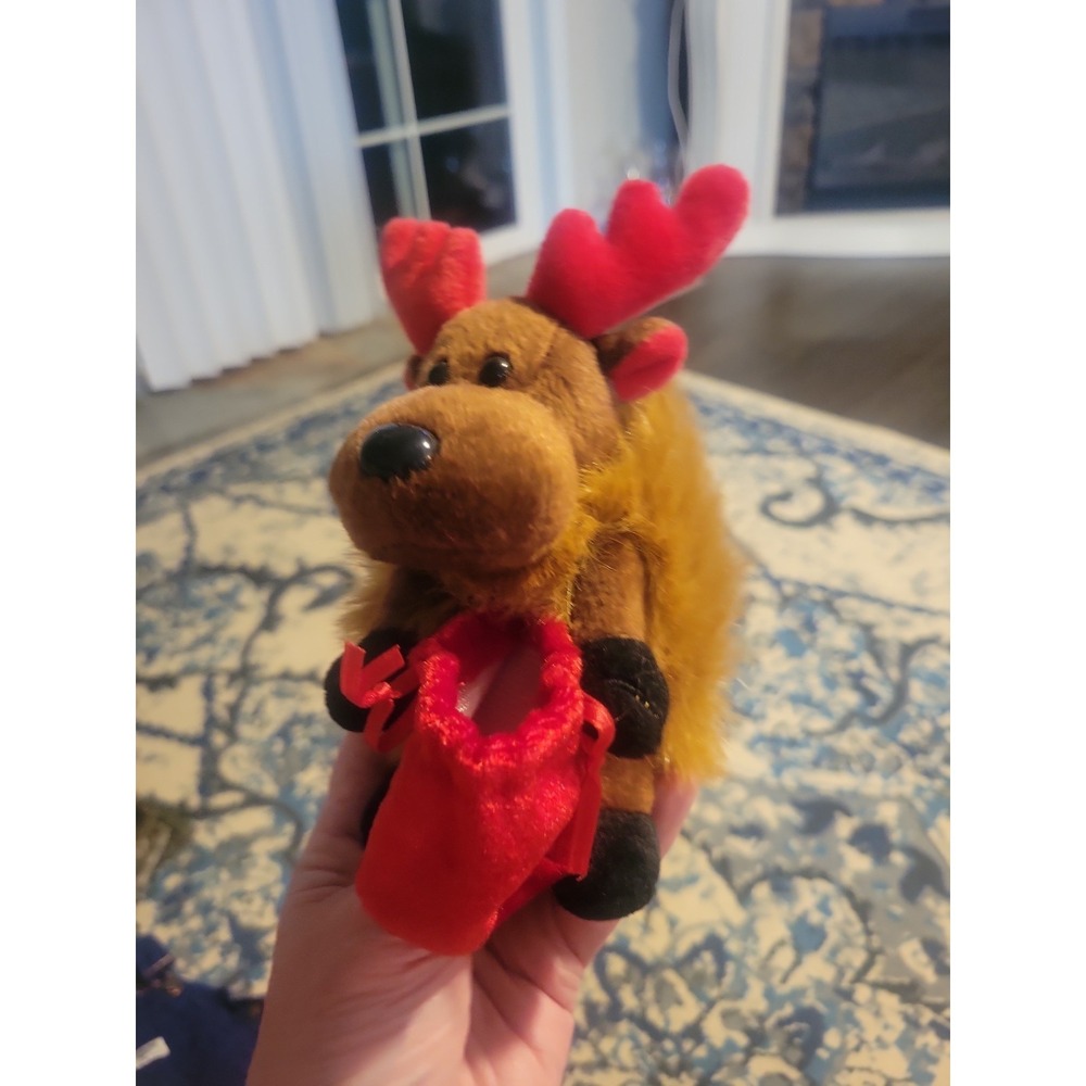 Galerie Red White Reindeer Stuffed Animal Christmas Plush Toy  With Attached Bag